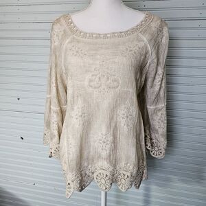 Spiaggia Dolce Ecru Crinkle Gauze Crochet Boho Open Bell Sleeve Tunic Top Sz M